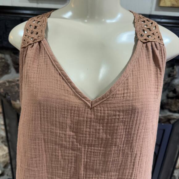 SHEIN Vacay Lace Tank Dress Sleeveless Cotton Boho Minimalist Beach sz L Brown - Picture 8 of 9